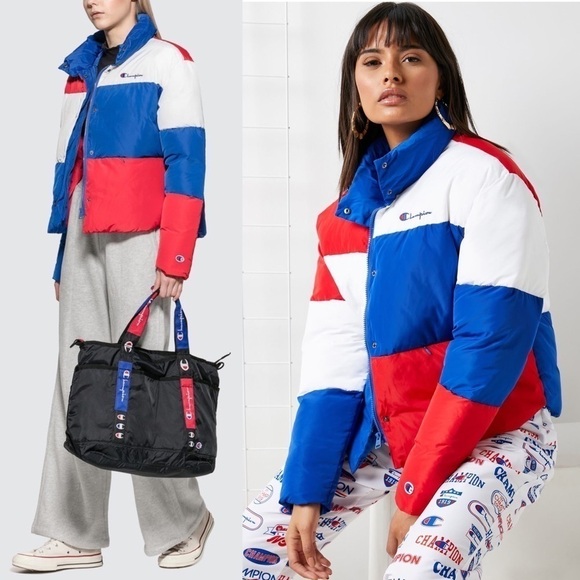 CHAMPION 80s 90s Reverse Weave Colorblock Quilt High Neck Puffer Coat Jacket XS